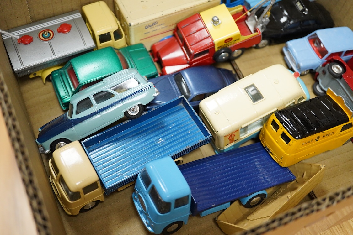 Fourteen 1960s Corgi Toys including; Smiths Karrier ice cream van, Bedford AA van, Land Rover breakdown service, Commer 5-ton Wall’s ice cream van, ERF Model 64G tipping tanker, Hillman Imp, ERF Model 44G flatbed lorry,